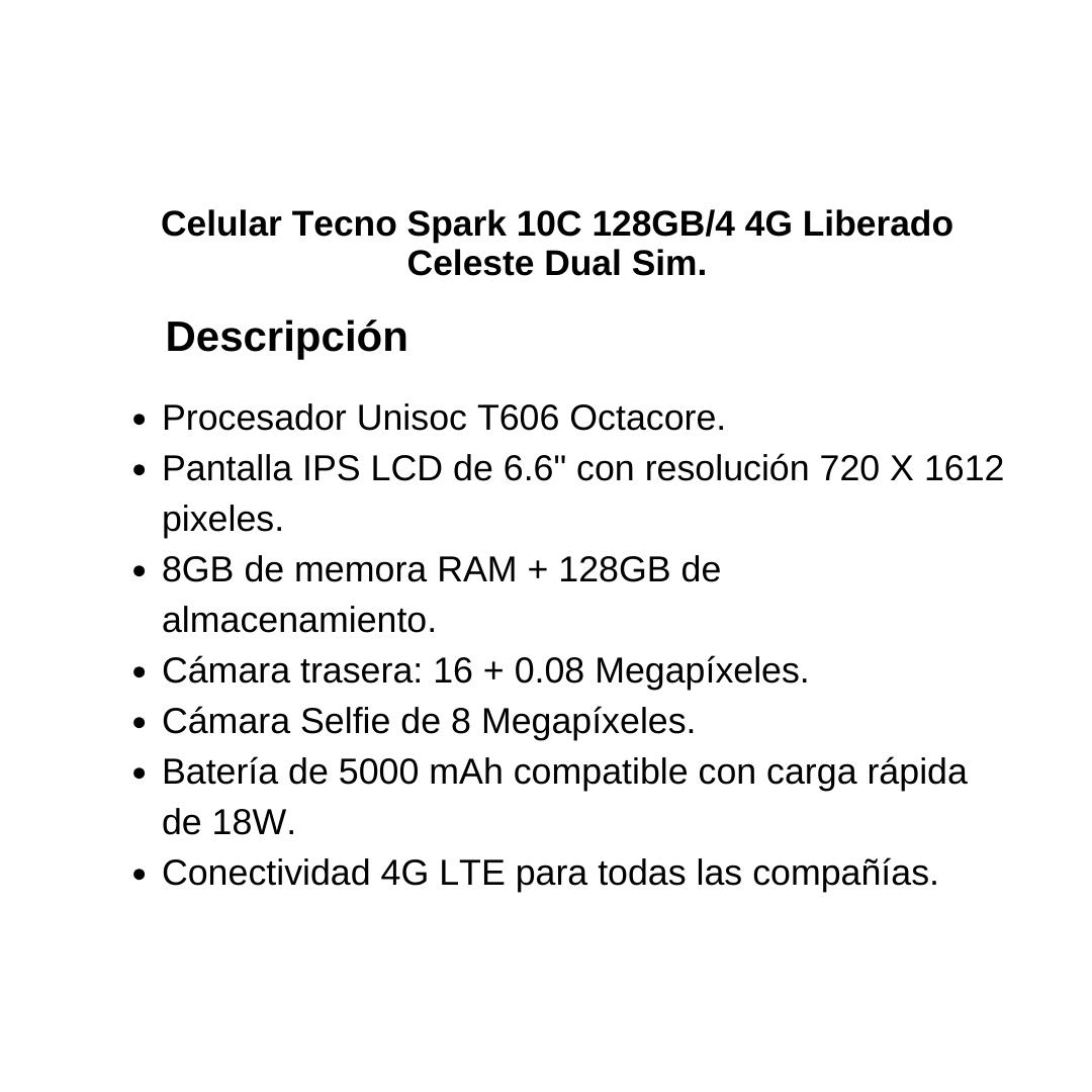 Celular Tecno Spark 10C 128GB/8 4G Liberado Celeste Dual Sim