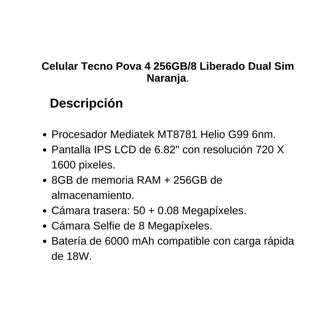 Celular Tecno Pova 4 256GB/8 Liberado Dual Sim Naranja