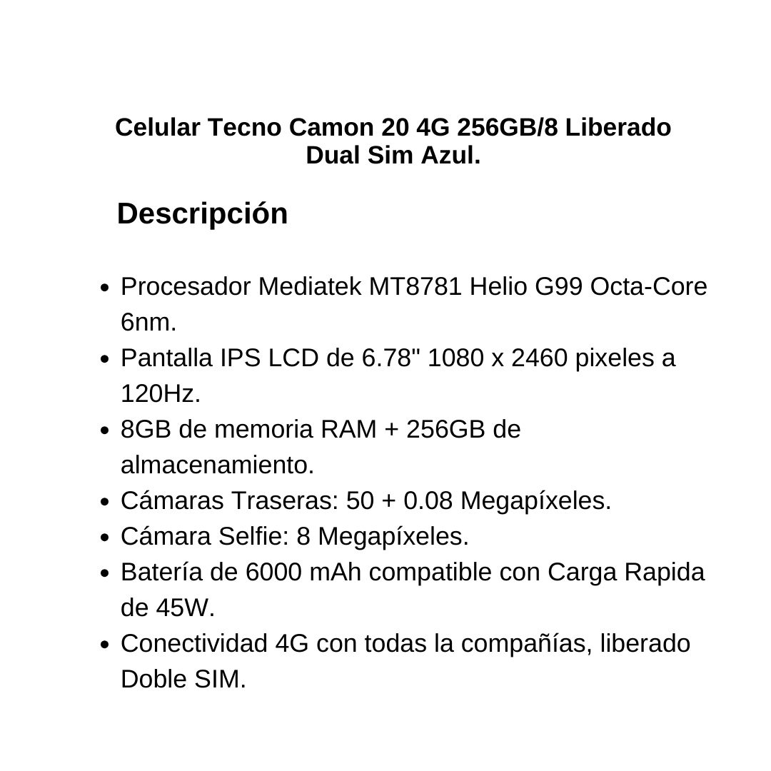 Celular Tecno Camon 20 4G 256GB/8 Liberado Dual Sim Azul