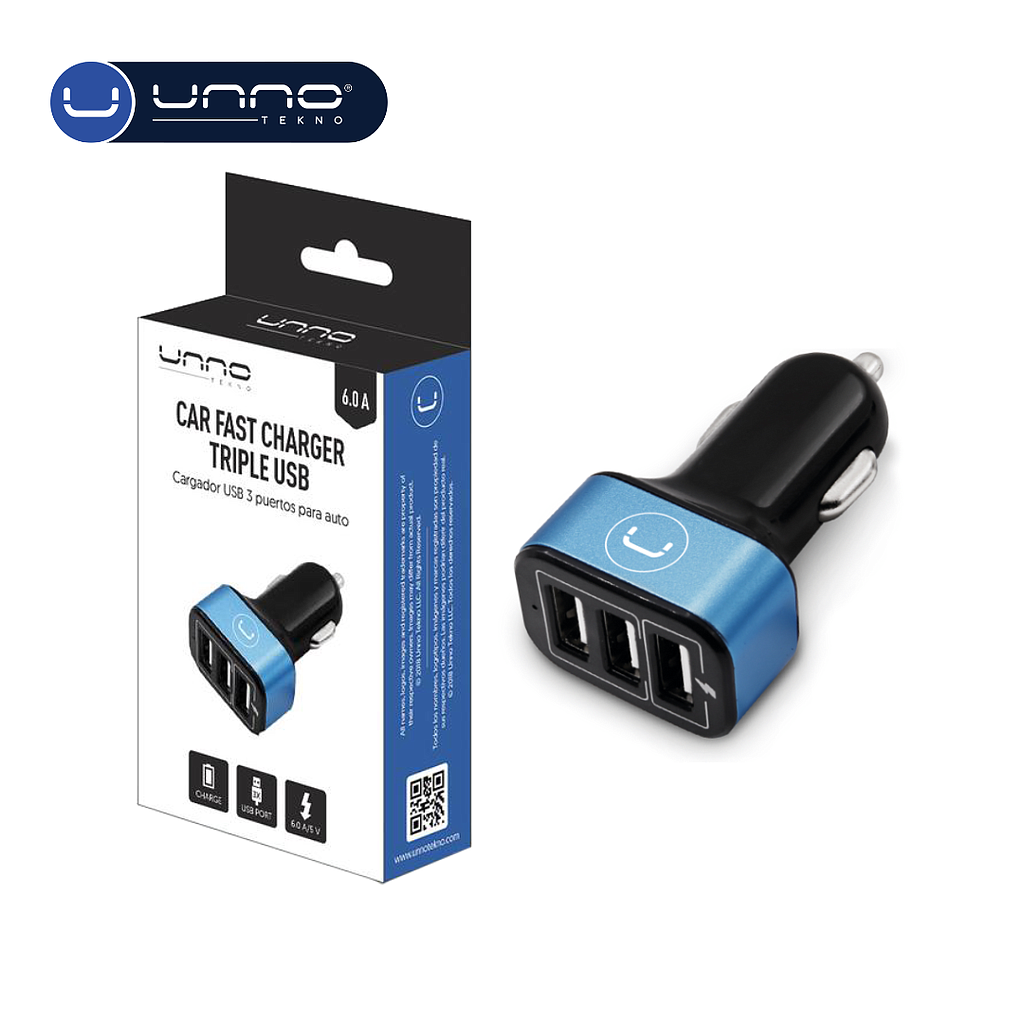 Cargador UNNO TEKNO Cargador de carro Carga rapida Triple USB 6.0A 5V Negro (PW5022BK)