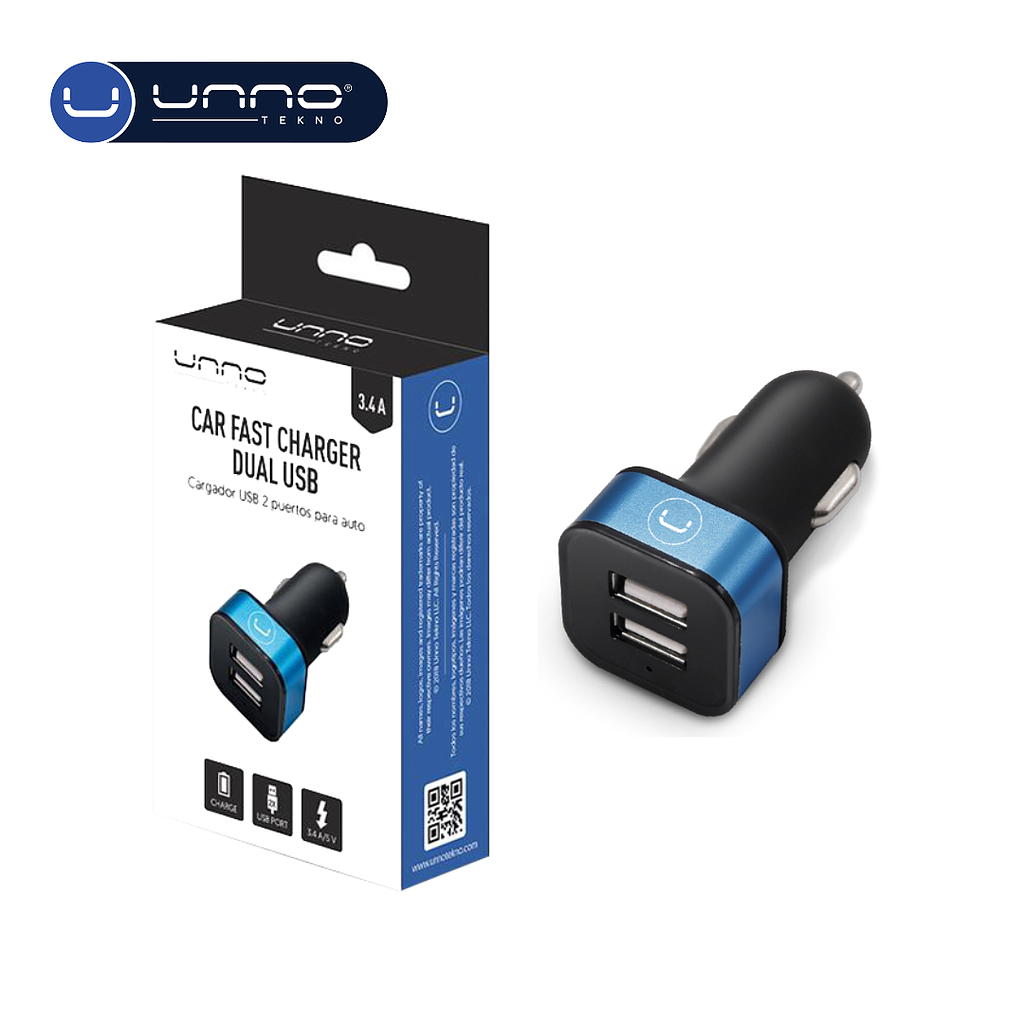Cargador UNNO TEKNO para Carro Carga Rapida Dual USB 3.4A 5V (PW5021BK)