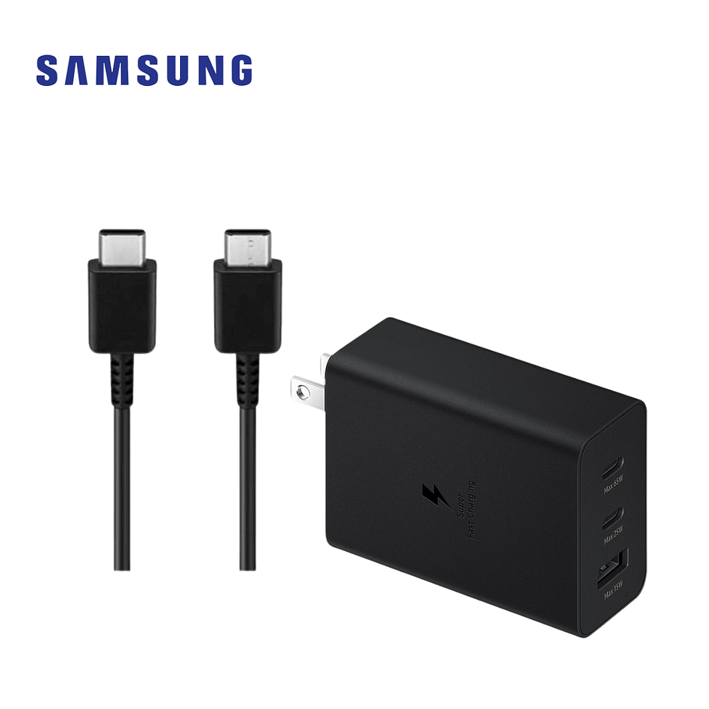 Cargador Samsung PD Adapter 65W Trio Puerto Tipo USB-C x 2 y Tipo USB-A Con Cable Negro