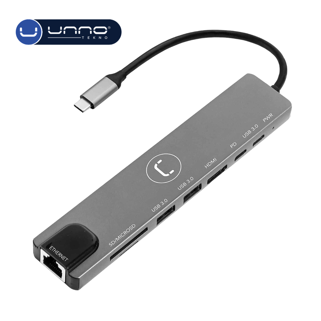 Hub UNNO TEKNO de 8 puertos HDMI + USB-A 3X2 + USB C 3X2 + MSD Y SD +LAN+ PD (HB1109SV)