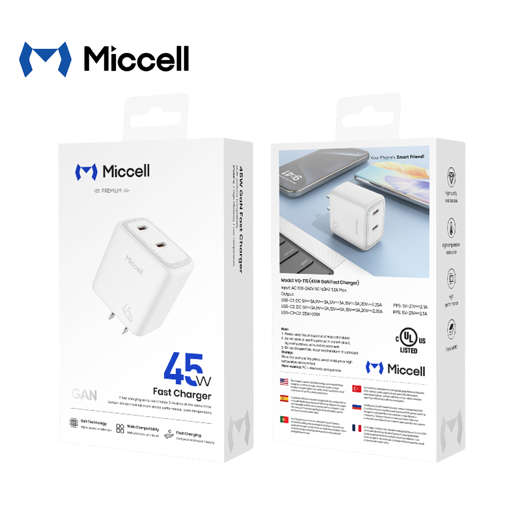 Cargador Miccell 2 Puertos USB-C  45W (VQ-T15401)