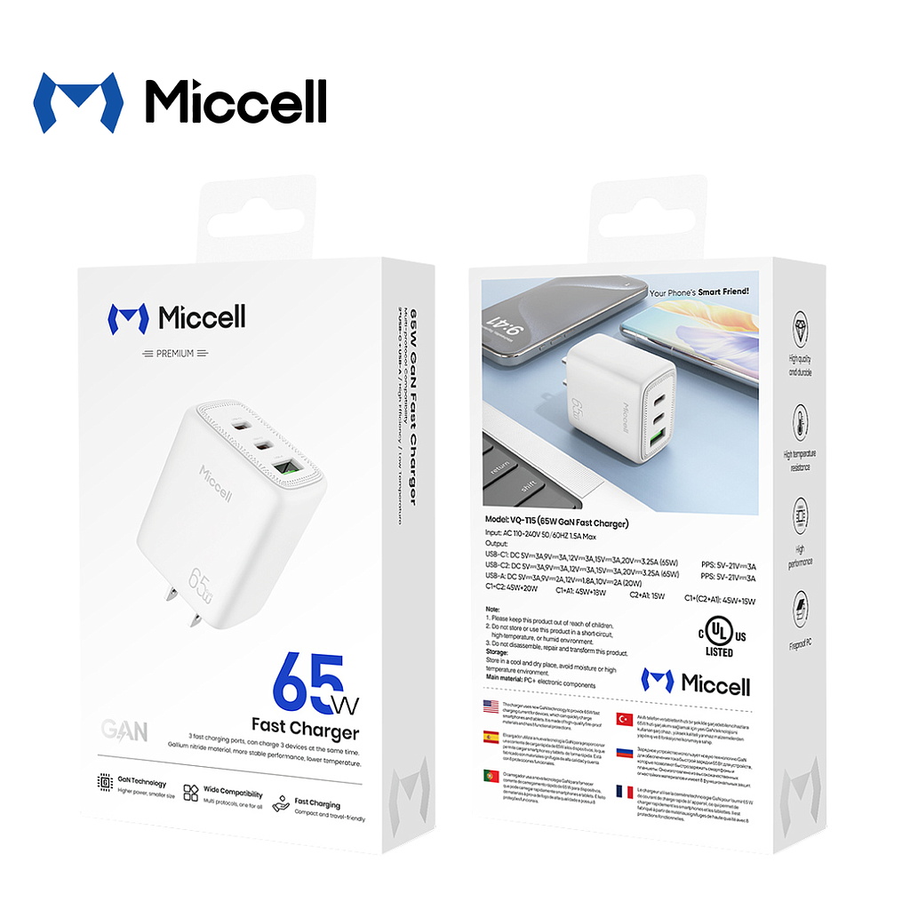  Cargador Miccell 2 Puertos USB-C + 1 Puerto USB-A  65W (VQ-T1565)