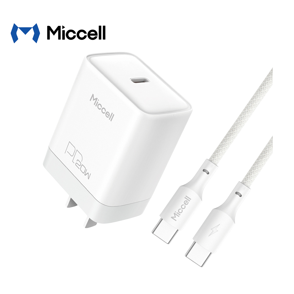 Kit Cargador Miccell completo Puerto USB-C con Cable USB-C a USB-C 1.2mt 20W (VQ-T13)