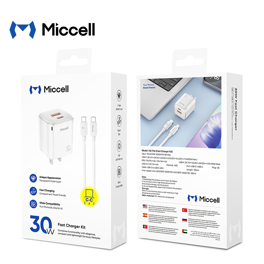 Kit Cargador Miccell completo 1 Puerto USB-C + 1 USB- A con Cable USB-C a USB-C 1mt 30W (VQ-T16)