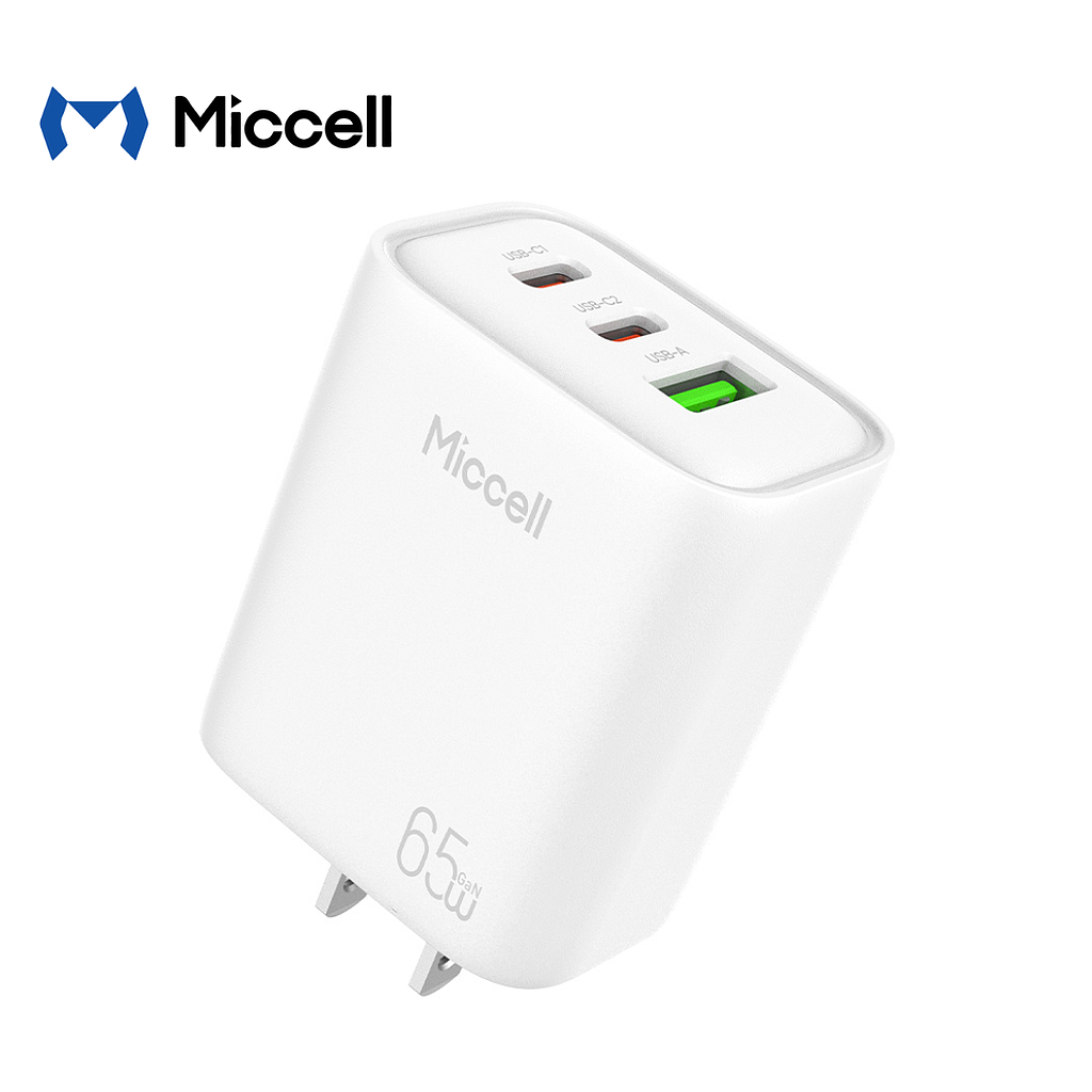 Cargador Miccell  2 Puertos USB-C + 1 puerto USB-A 65W Blanco  (VQ-T57)