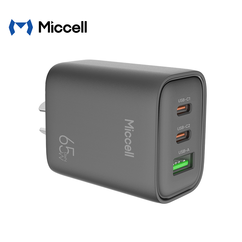 Cargador Miccell  2 Puertos USB-C + 1 puerto USB-A 65W Negro (VQ-T57)