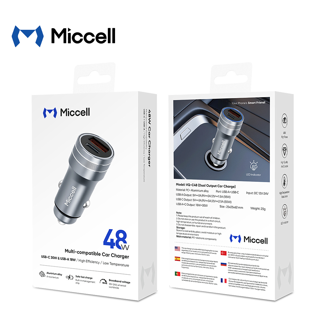 Cargador Miccell para carro 2 Puertos 1 USB-A + 1 USB-C  48W Gris (VQ-C48)