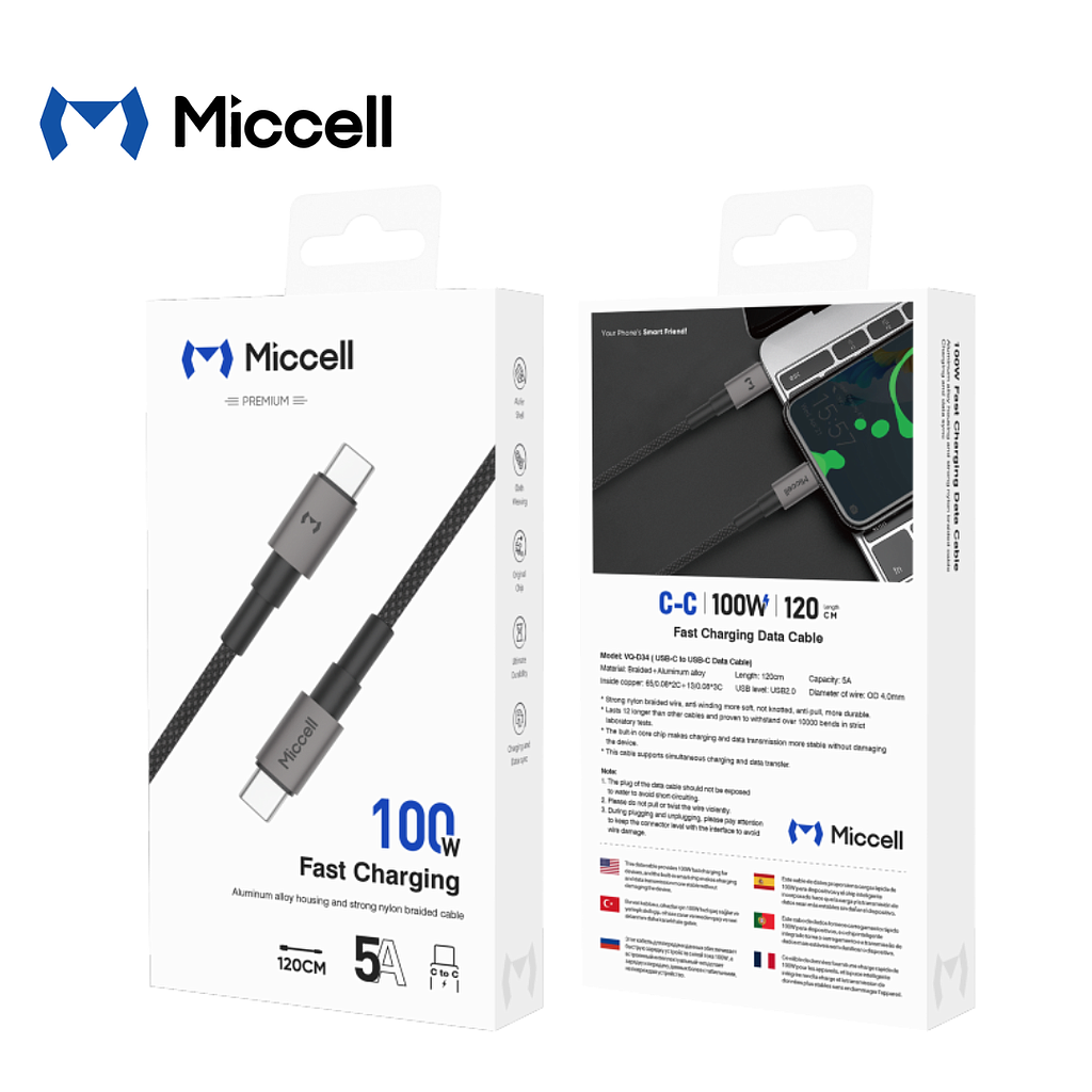 Cable Miccell Trenzado Tipo USB-C A USB-C 100W 1.2m Gris (VQ-D34)
