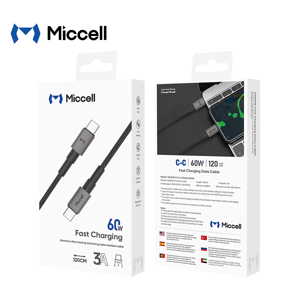 Cable Miccell Trenzado Tipo USB-C A USB-C 60W 1.2m Gris (VQ-D34)