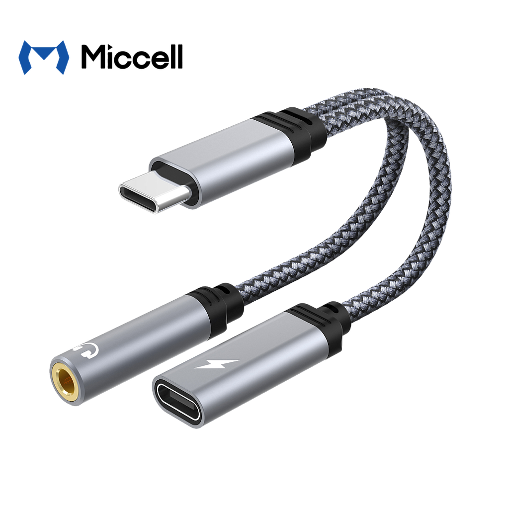 Adaptador Miccell 2 puertos USB-C + Jack 3.5mm Gris (VQ-AUX005)