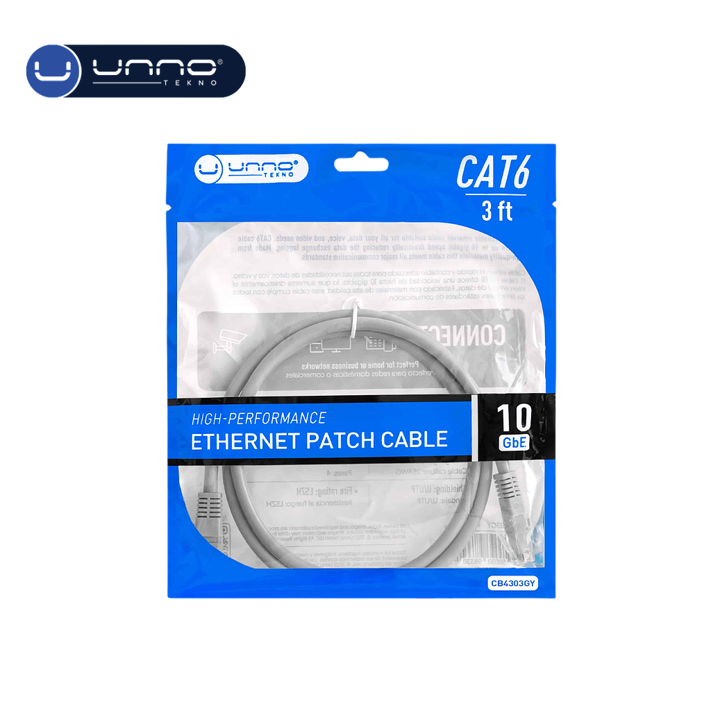 Cable UNNO TEKNO de red ethernet CAT6 3FT (CB4303GY)