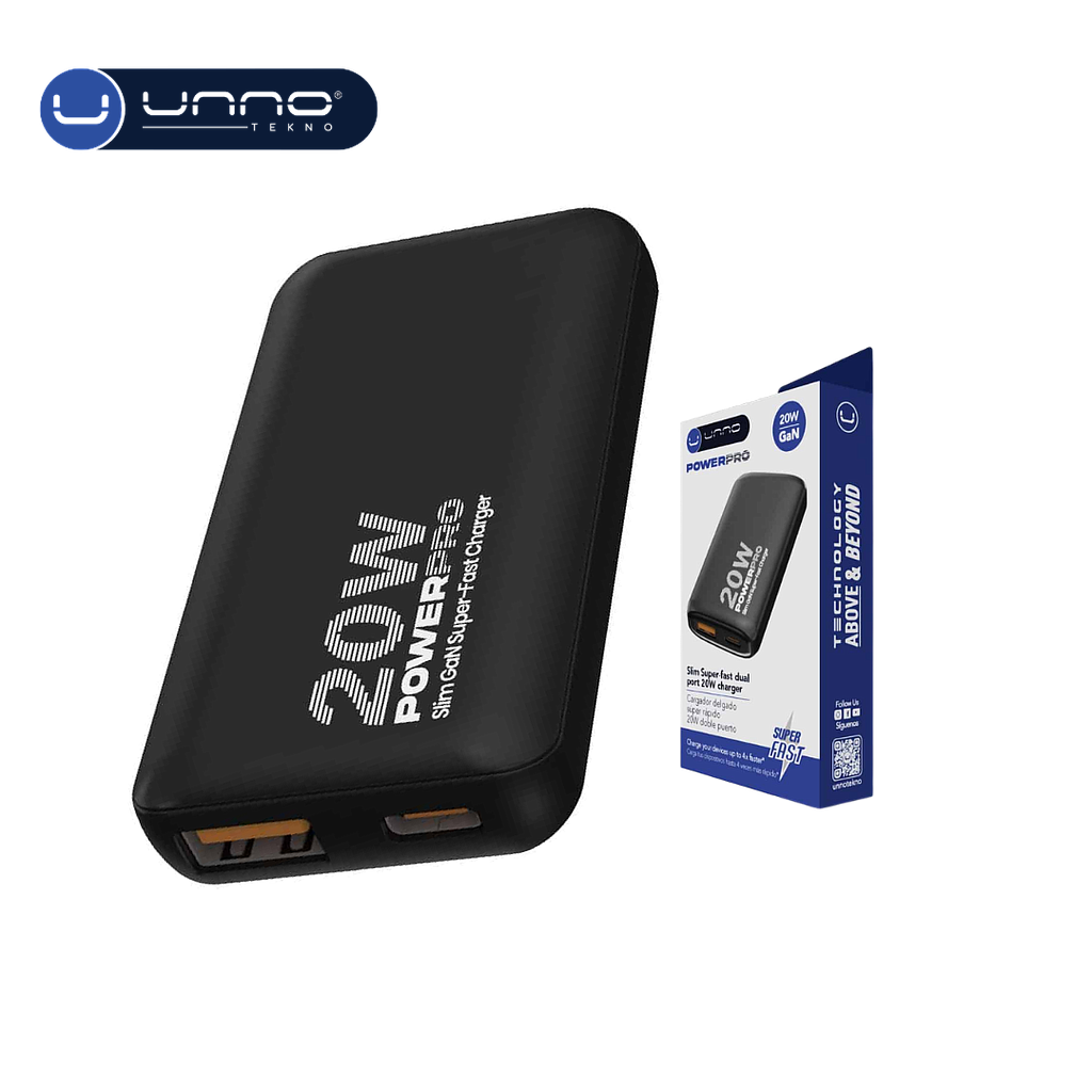 Cargador UNNO TEKNO 20W GaN Dual USB-A Y USB-C Negro (PW5067BK)