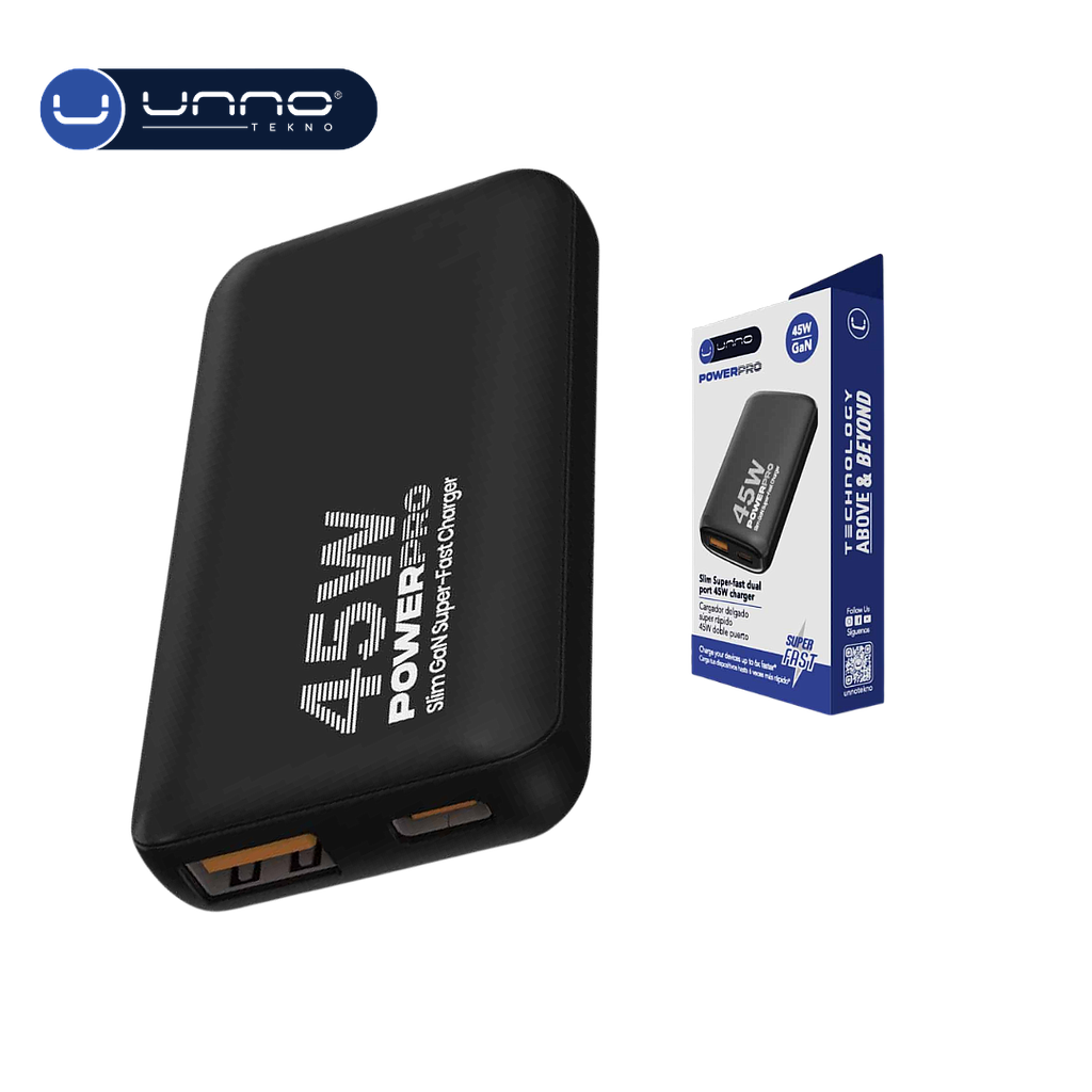 Cargador UNNO TEKNO 45W GaN Dual USB-A Y USB-C Negro (PW5069BK)