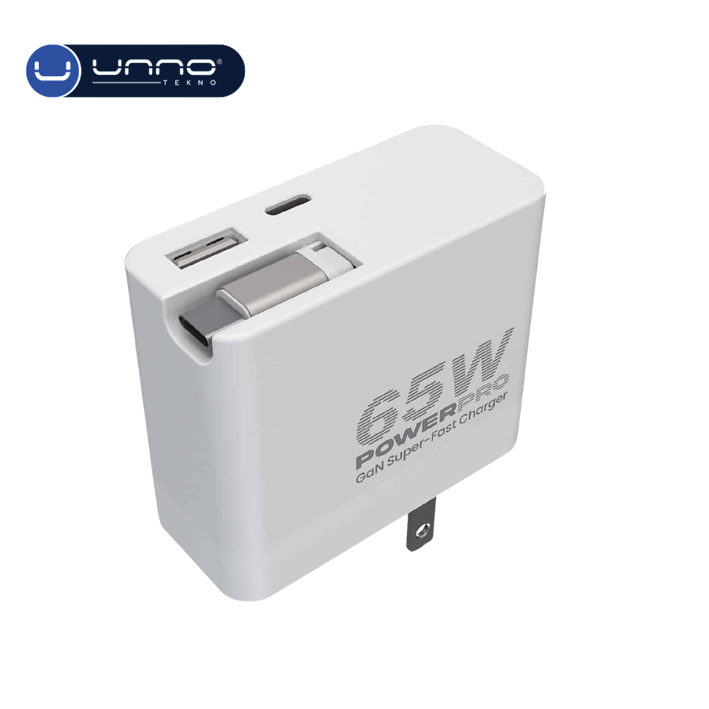 Cargador UNNO TEKNO Retractil 65W GaN Dual USB-A Y USB-C Blanco (PW5072BK)