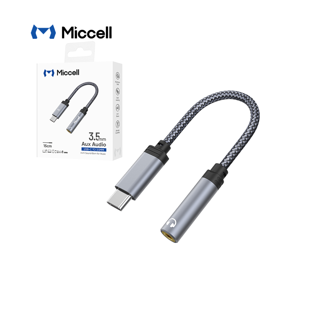 Adaptador Miccell USB-C + Jack 3.5mm 0.15mt Gris (VQ-AUX004)