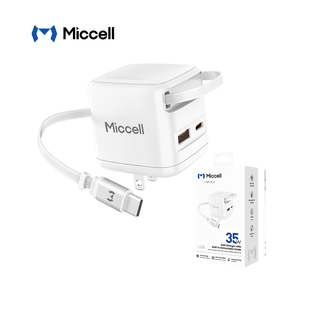 Cargador Miccell USB-C + 1 puerto USB-A Con cable Retractil USB-C 35W (VQ-T62)