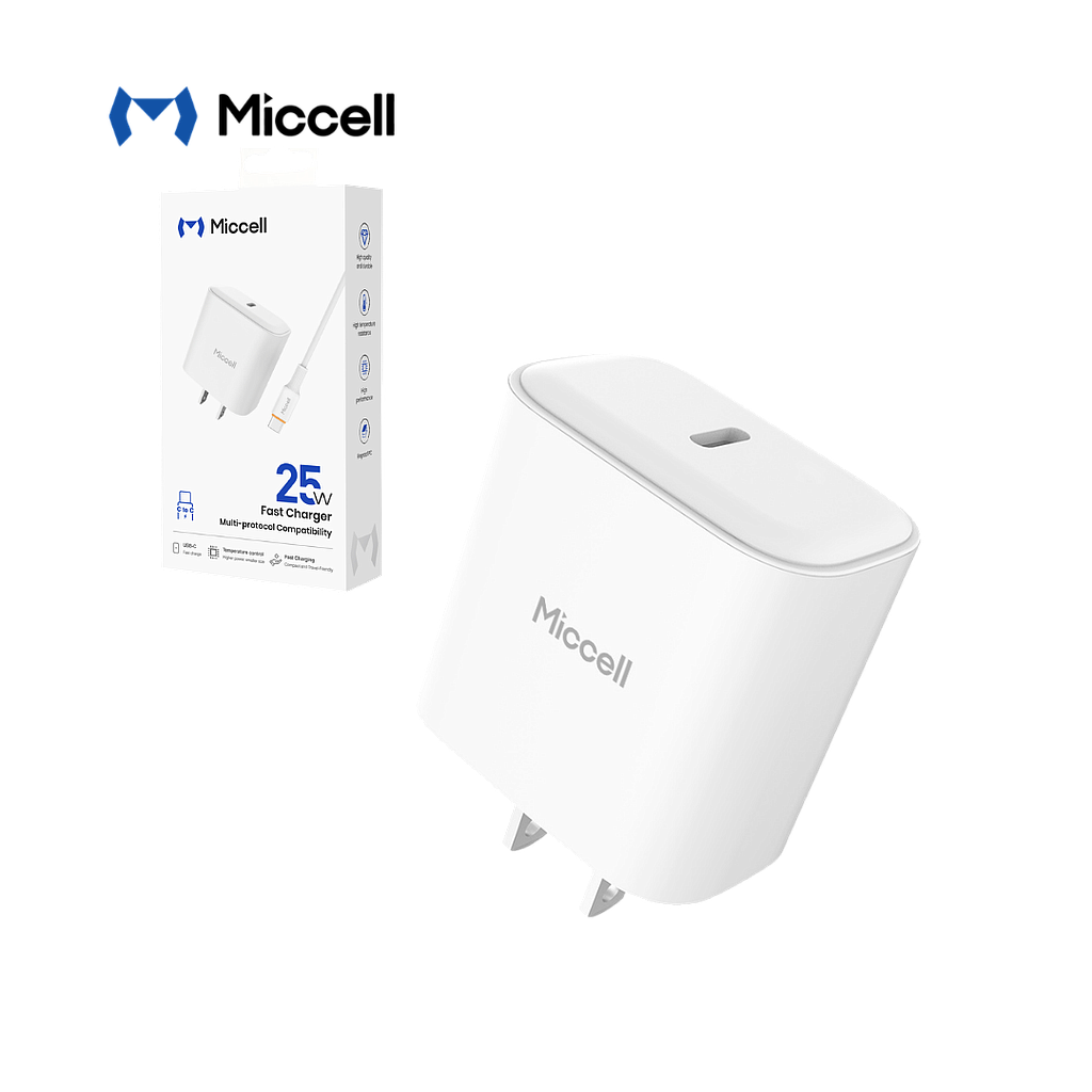 Kit Cargador Miccell completo  Puerto USB-C con Cable USB-C a USB-C 1mt 25W (VQ-T09)