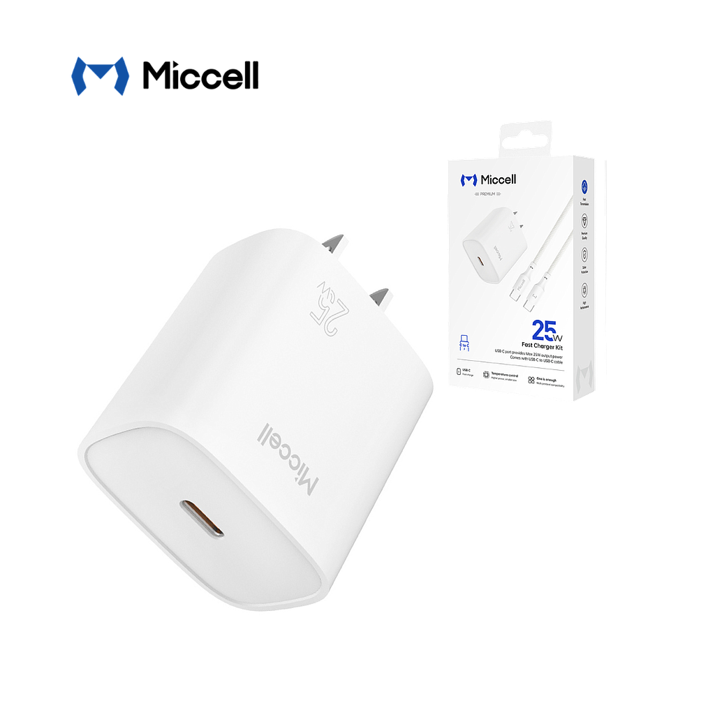 Kit Cargador Miccell Puerto USB-C - USB-C con Cable USB-C 1.2mt 25W (VQ-T17)